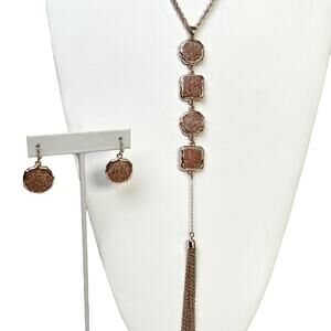 Vintage Y Necklace Earrings Set Rose Gold Pendant Long Glitter Tassel C 1946